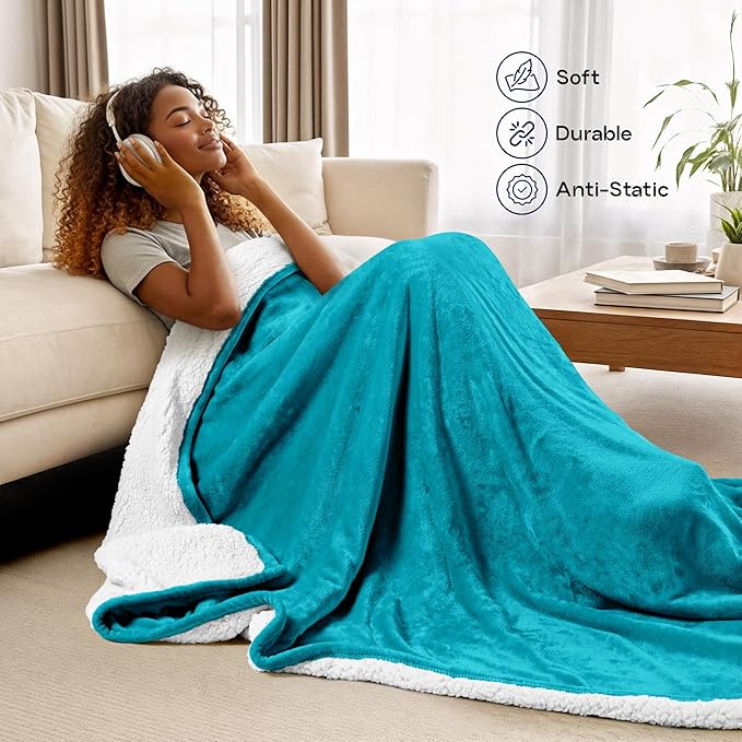 Utopia Bedding Sherpa Blanket California King Size (Turquoise, 102x96 Inches) - Soft Lightweight Plush Fleece Reversible Blanket for Bed, Sofa, Couch, Camping and Travel