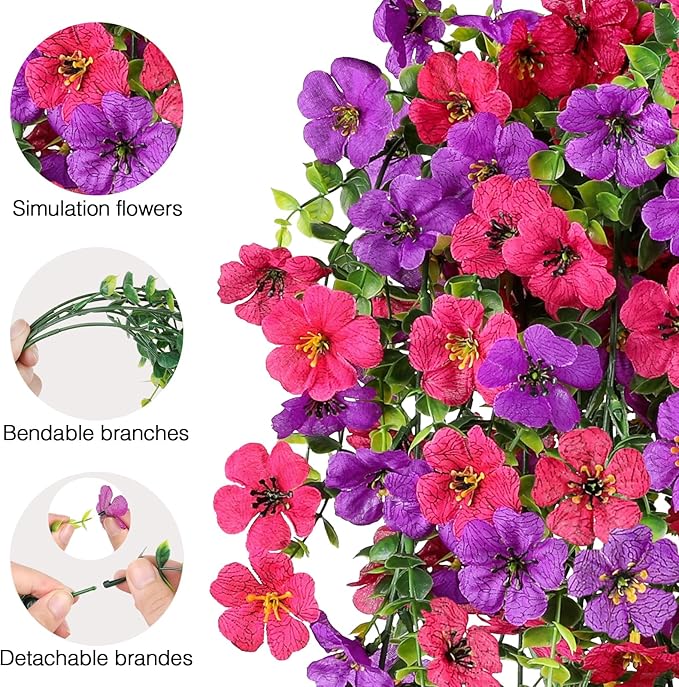 Artificial Flowers for Outdoors Spring Decor, 6 Bundles UV Resistant Realistic Fuax Silk Hanging Flowers, Fake Plants for Planter Indoor Outside Garden Porch Patio Balcony Yard(Fuchsia Purple)