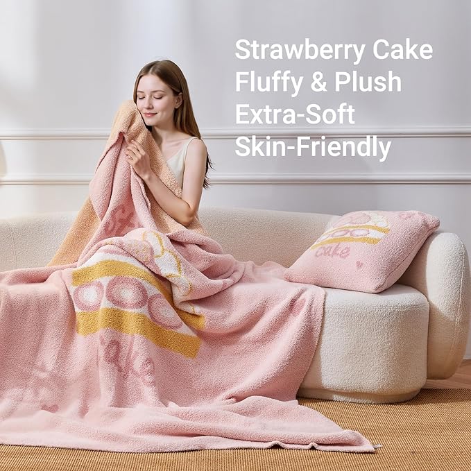 YIRUIO Strawberry Cake Plush Blanket & Pillowcase Set,Ultra Soft Cozy Warm Thick Fuzzy Fluffy 50x60 Throw Pink with 18x18 Pillow Cover for Bed Sofa Couch Home Decor Gift