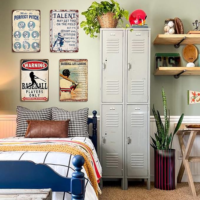 4 Pcs Baseball Metal Tin Signs Baseball Room Decor for Boys Vintage Sports Wall Art for Men Baseballs Player Poster Gifts for Boys 8-12 Baseballs Sign Accessories Decorations for Bedroom 12x8 Inch
