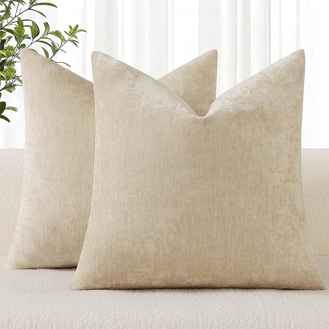 decorUhome Chenille Beige Throw Pillow Covers 20x20 Inch Set of 2, Decorative Soft Couch Pillow Covers Solid Dyed Accent Farmhouse Neutral Square Pillow Cases for Sofa