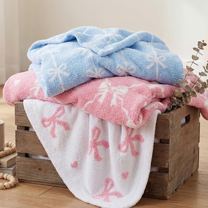 WRENSONGE Throw Blanket Vertical Stripes Bowknot Blue Soft Cozy Fluffy Warm Throw for Couch Sofa Bed Camping Picnic Travel Lightweight - 50"*60"