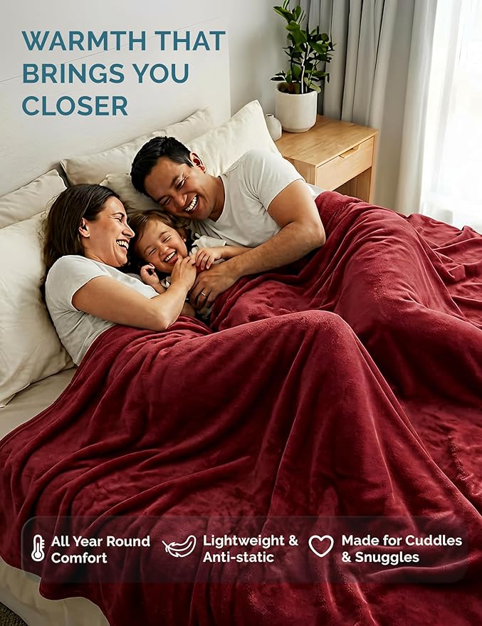 Casa Platino Fleece Blanket Queen Size – 300 GSM Dark Red Fleece Throw for Bed or Couch – Soft Cozy Warm Winter Blanket for Bed, Fuzzy Plush Elegant for Men & Women - 90x90 Inch