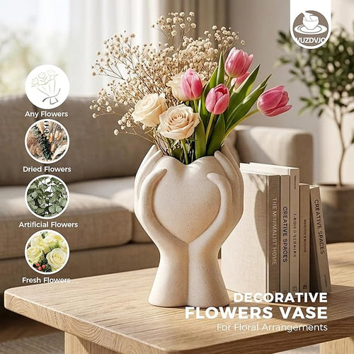 8 Inch Heart Hand White Ceramic Vase - Unique Modern Aesthetic Flowers Vase for Living Room Bedroom Office Kitchen Table Centerpiece or Shelf Decor (Cream White)