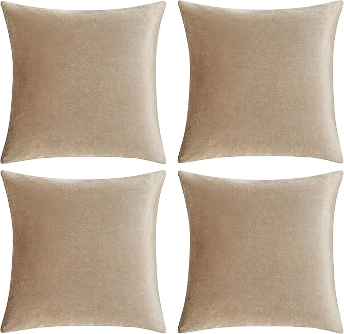 Decorative Throw Pillow Covers 20 x 20, Beige Taupe Khaki Sofa Pillow Covers Velvet, Set of 4 Decor Square Cushion Covers