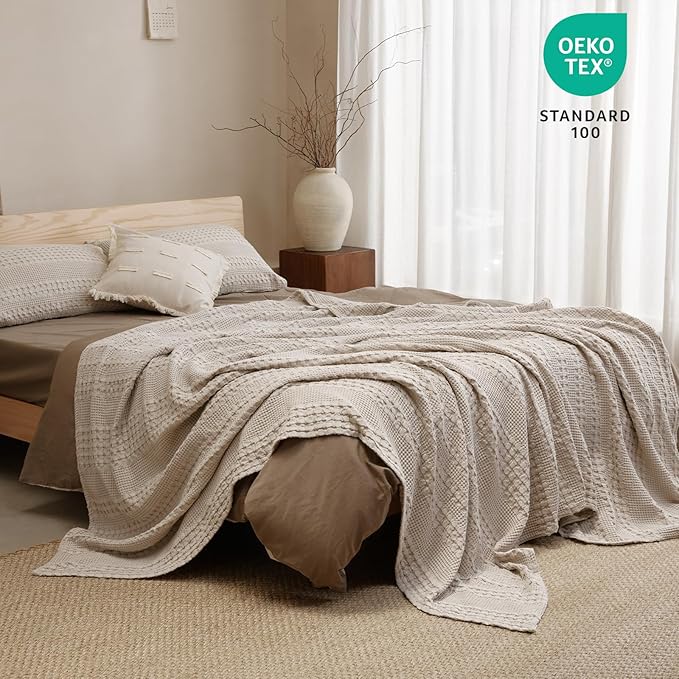 PHF 100% Cotton Waffle Weave Blanket King Size for Bed, Soft Lightweight & Breathable for Spring and Summer, All-Season Comfort, Luxury Aesthetic Blanket for Home Decor, 108"x90", Light Taupe/Oatmeal