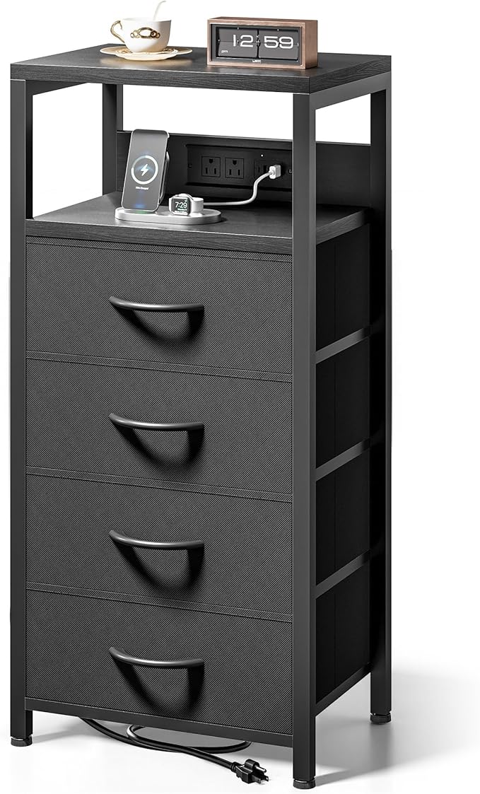 NightStand Bedside Charging Table Bedroom - Black Night Stand with Charger Station, Modern Bed Side End Table with Open Shelf & 4 Fabric Drawers, USB-C Port for Dorm Living Room