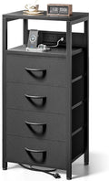 NightStand Bedside Charging Table Bedroom - Black Night Stand with Charger Station, Modern Bed Side End Table with Open Shelf & 4 Fabric Drawers, USB-C Port for Dorm Living Room