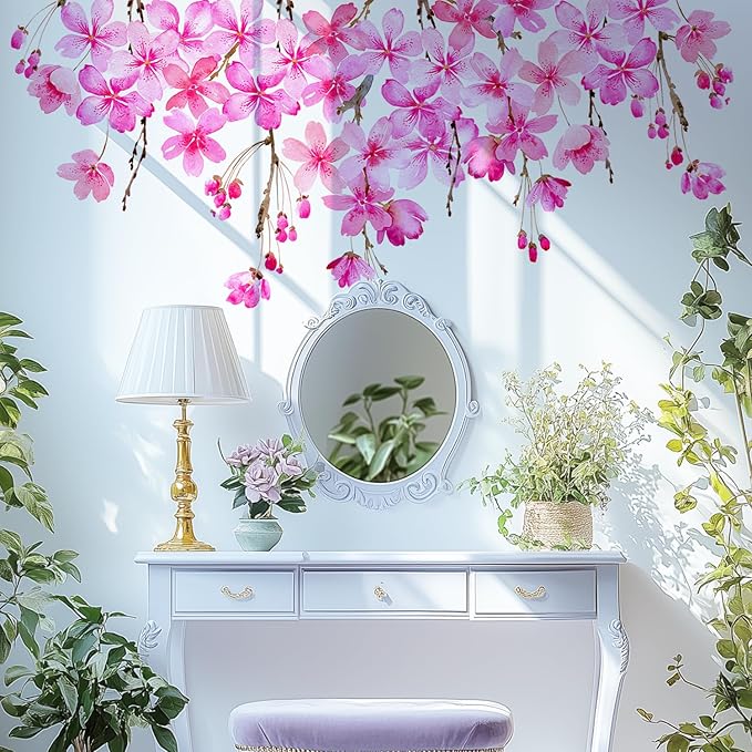 Cherry Blossom Flowers Wall Decals Peel and Stick, Large Floral Vinyl Wall Stickers, Removable Vine Home Decor Art for Bedroom Living Room Classroom Office
