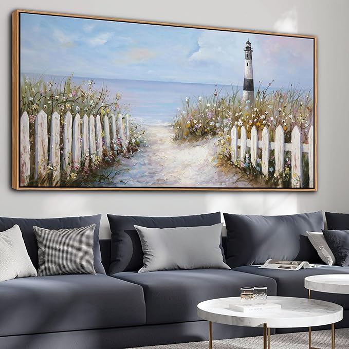 Ocean Wall Art for Living Room - Coastal Canvas Artwork for Walls, Vintage Landscape with Lighthouse, Farmhouse Beach Pictures, Framed Bedroom Wall Decor 29×58IN