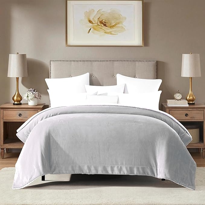 Mocassi Premium Ultra-Soft Flannel Fleece Sherpa Throw Blanket - Warm Cozy Reversible Plush Micromink Blanket for Couch, Bed and Sofa - Fluffy, Christmas Winter Bedding Gift, King, Silver Grey