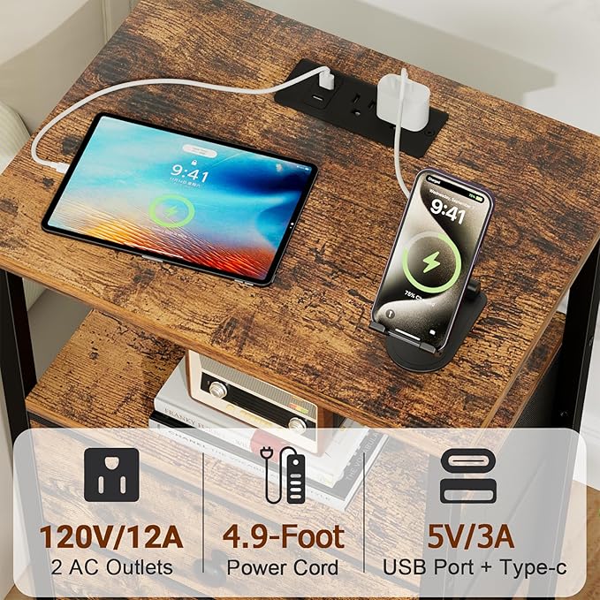 Night Stand with Charging Station, Small Bedside Table with 2 Fabric Drawers, Nightstand with USB Ports & Outlets for Bedroom, Living Room, Brown, HETS020BR-1