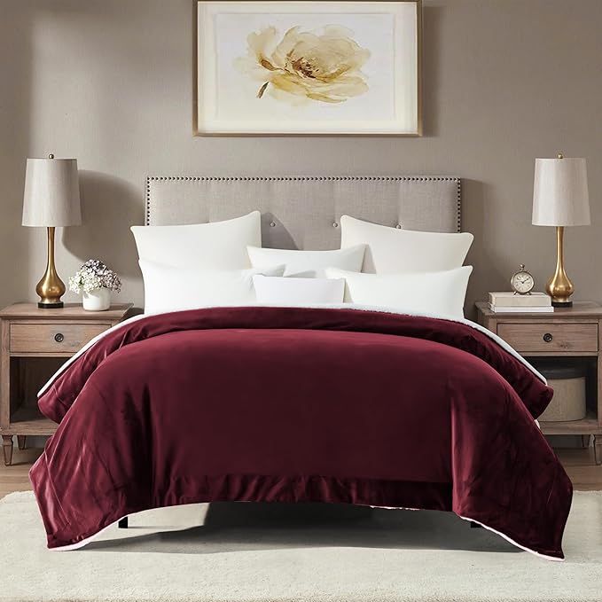 Mocassi Premium Ultra-Soft Flannel Fleece Sherpa Throw Blanket - Warm Cozy Reversible Plush Micromink Blanket for Couch, Bed and Sofa - Fluffy, Christmas Winter Bedding Gift, Full, Burgundy