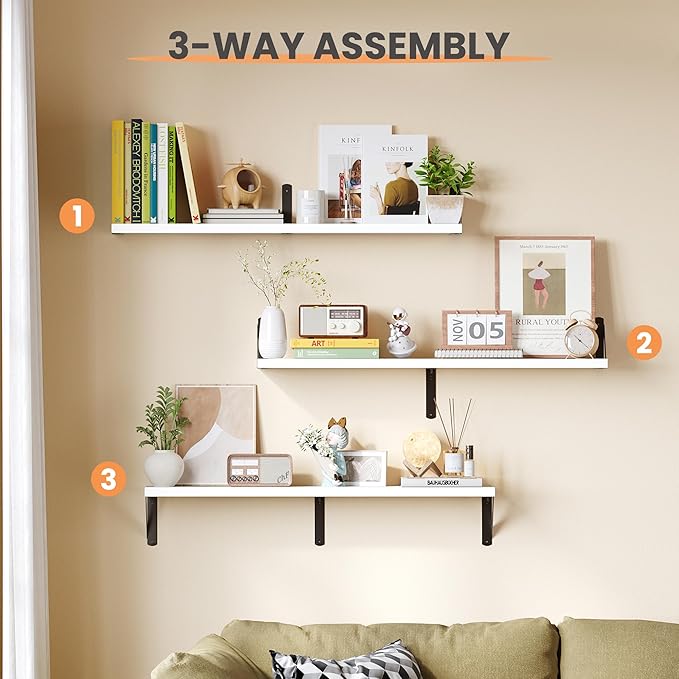 upsimples 35.4 Inches Floating Book Shelves for Wall, Long Floating Wood Shelves for Living Room, Library, Bedroom, Office Organizer and Storage, White
