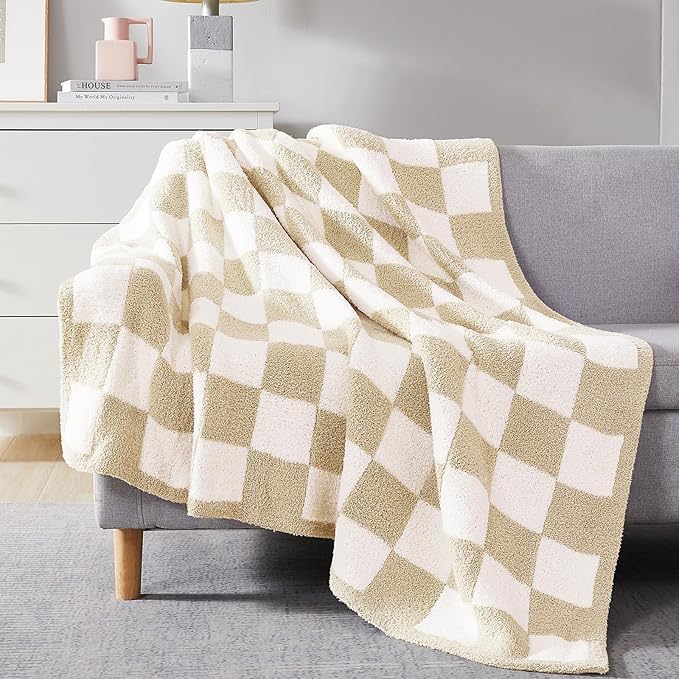WRENSONGE Checkered Throw Blanket, Beige Soft Cozy Fluffy Warm Hand Made Throw Blankets for Couch, Sofa, Chair, Bed, Camping, Picnic, Travel Lightweight Bed Blanket - 50"*60"