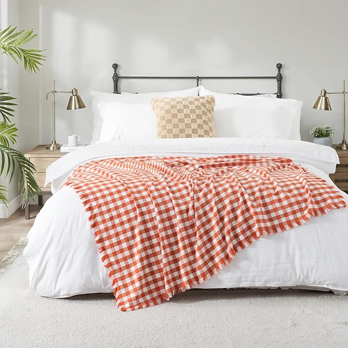 100% Cotton Throw Blanket Plaid Soft Lightweight Cozy Farmhouse Tassels Summer Thin Breathable Throws for Couch Sofa Bed (50" × 60" Orange)