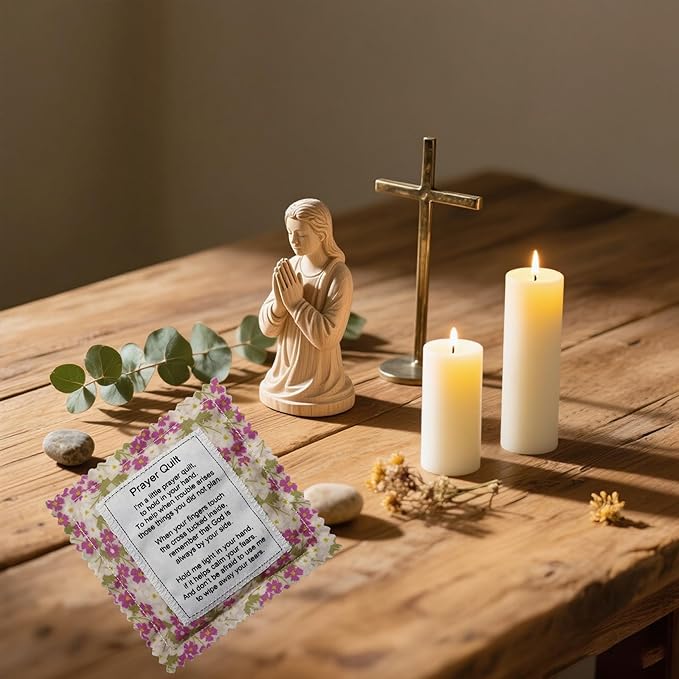 Mini Prayer Quilt with Cross Inside Vintage Pocket Scripture Prayer Quilt Squares Sympathy Christian Gifts for Women Pastor Appreciation Father's Day Graduates Gifts (Purple)