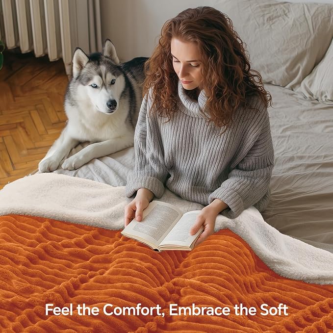 INFIIXSO Sherpa Fleece King Size Blanket - Super Soft & Warm Striped Fleece, Cozy Plush Fluffy Large Bed Blanket All Season Use (Burnt Orange, 104x90 Inches)