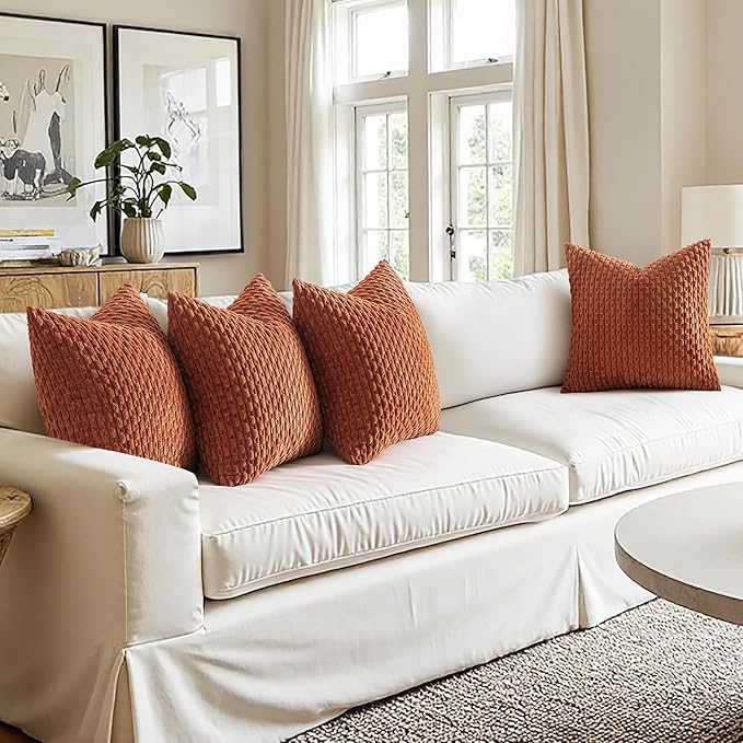 MIULEE Terracotta Decorative Throw Pillow Covers for Couch Sofa Living Room Set of 4 Rustic Striped Cushion Covers Corduroy Pillowcases Farmhouse Home Decor 18x18 Inch Burnt Orange