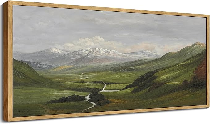 SHENIFY Vintage Framed Wall Art Mountain Range Valley River Landscape Painting Retro Meadow Scenery Farmhouse Kitchen Living Room Decor - 8x16in Natural Framed