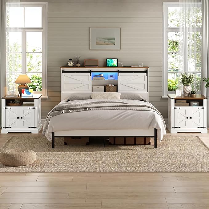 HOOBRO Farmhouse End Tables Set of 2 with Charging Station, 23.6" Large End Table for Living Room, Sofa Side Table with Barn Door, Wooden Square Nightstand Bedside Table, White and Walnut WH601UBZP201