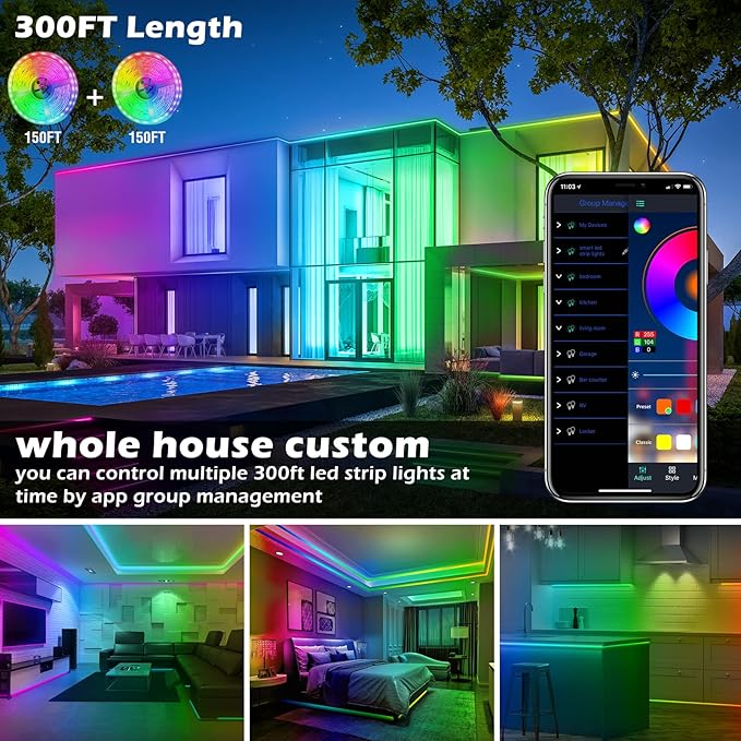 AILBTON Led Strip Lights,Music Sync Color Changing, Built-in Mic,Bluetooth App Control LED Tape Lights with Remote,5050 RGB Rope Light Strips (300FT)