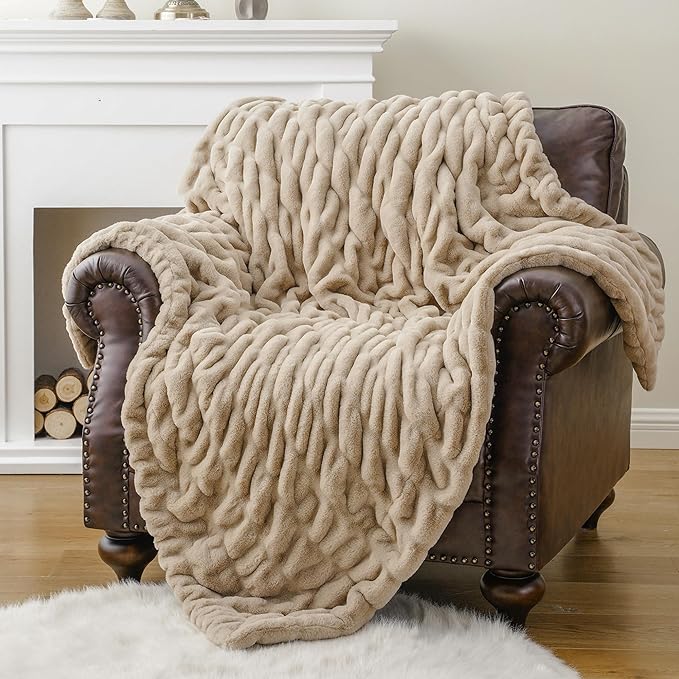BATTILO HOME Beige Faux Fur Throw Blanket for Bed, Large Double Side Reversible Ruched Rabbit Fur Blanket for Couch, Living Room, Soft Warm Mink Cozy Blanket, 60x80 Inch