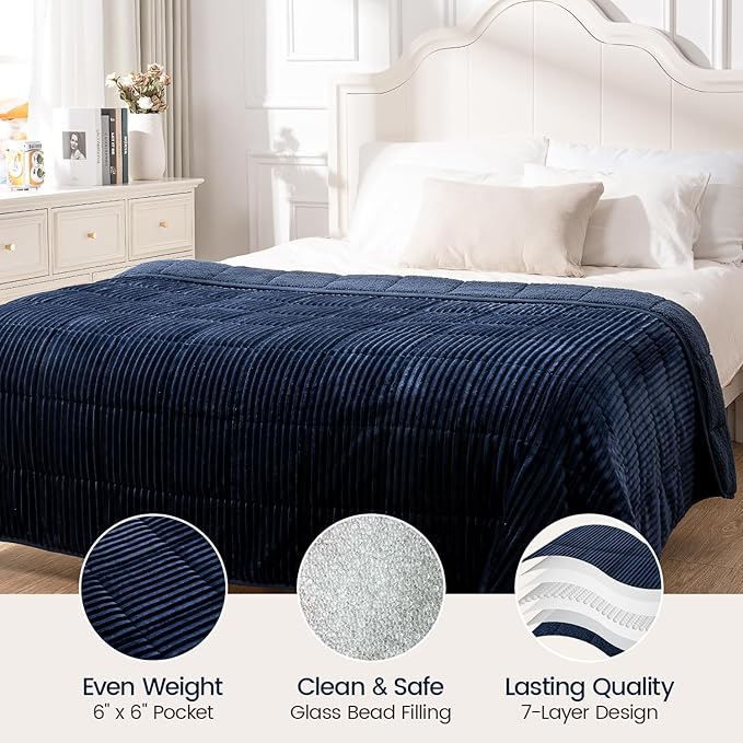 Sherpa Fleece Adult Weighted Blanket 20lbs with Ribbed Stripes, Dual Sided Fuzzy Warm Blanket for Couch Bed Sofa, Heavy Thick Blankets with Glass Beads Great for Sleep, Navy Blue, 60" x 80"