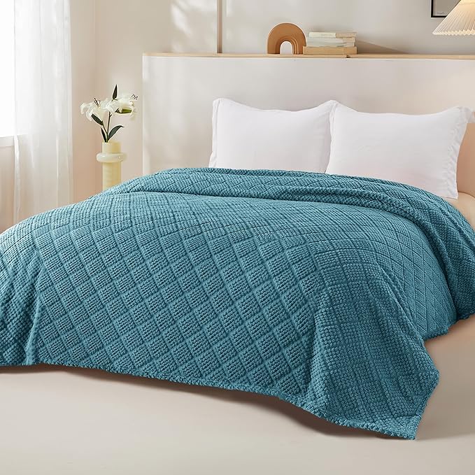 Whale Flotilla Fuzzy Fleece Queen Size Blanket for Bed, Soft Fluffy Jacquard Waffle Blankets for All Season, Lightweight and Warm, 90x90 Inch, Slate Blue