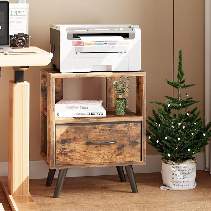 Night Stand, Brown Nightstand with Drawer, Side Table with Open Storage, 2-Tier Modern End Table, Bedside Table for Small Space, Living Room, Bedroom