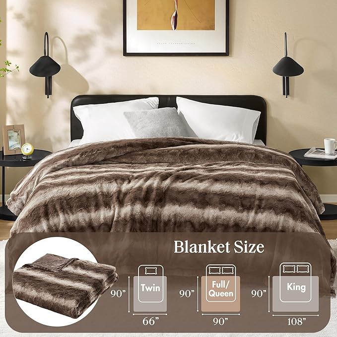 Madison Park Queen Size Ultra-Soft Poly Fur Blanket Queen Size, Reversible Plush, All Season & Lightweight Queen Fuzzy Blanket for Bed, Couch & Sofa, Zuri, Full/Queen Brown