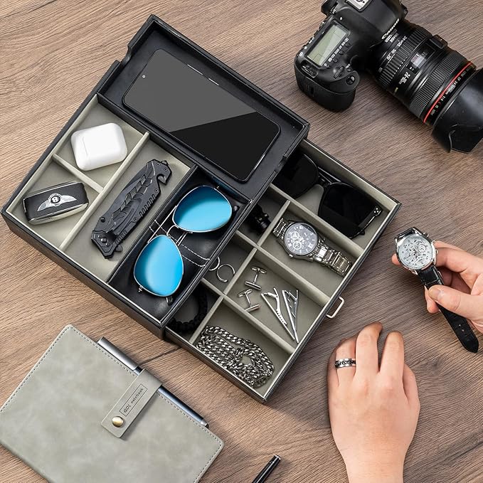 ProCase 2 Layers Valet Tray Gift for Men, Nightstand Organizer EDC Dump Catchall Trays with Phone Charging Station, Dresser Top Table Beside Entryway Storage Box -Black