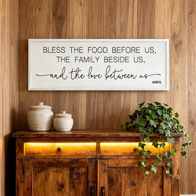 Bless the Food Before Us, the Family Beside Us, and the Love between us Framed Wall Art for Dining Room, 40''×15'' Positive Holy Religious Rustic Bible Verse for Christian God Jesus Christ Prayer