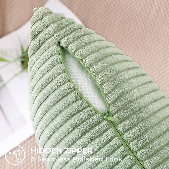 Mecatny Corduroy Decorative Throw Pillow Covers 12x20 Set of 2 for Sofa Living Room, Soft Neutral Boho Couch Pillow Covers for Home Decor, Sage Green