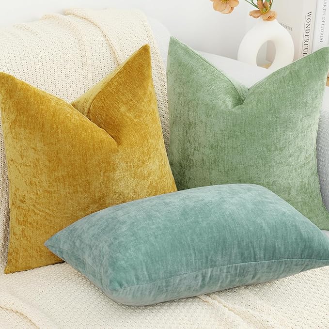 decorUhome Chenille Mineral Yellow Throw Pillow Covers 16x16 Inch Set of 2, Decorative Soft Couch Pillow Covers Solid Dyed Accent Farmhouse Neutral Square Pillow Cases for Sofa