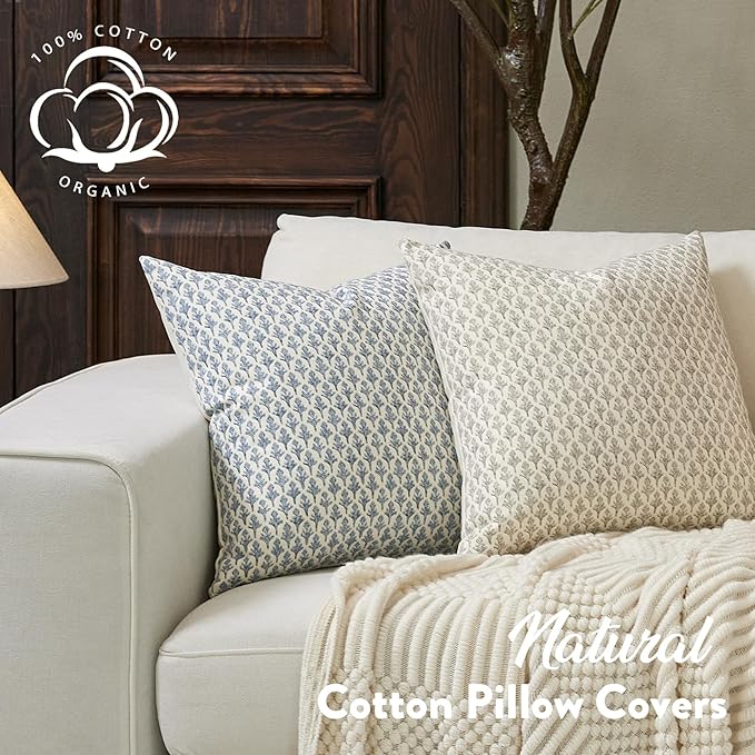 FIOUOVO Floral Pillow Covers 18x18 Pillow Cover Block Print Couch Pillows for Living Room Decorative Neutral Accent Throw Pillow Covers, 1PC, Aqua Blue