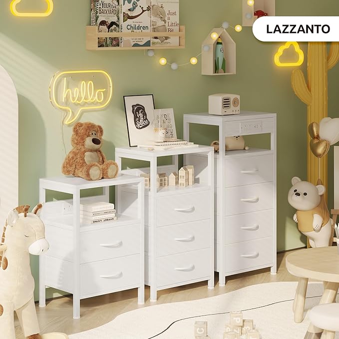 NightStand Bedside Charging Table Bedroom - White Night Stand with Charger Station, USB-C USB Ports & AC Outlets for Dorm, Modern End Table with Open Shelf & 3 Fabric Drawers