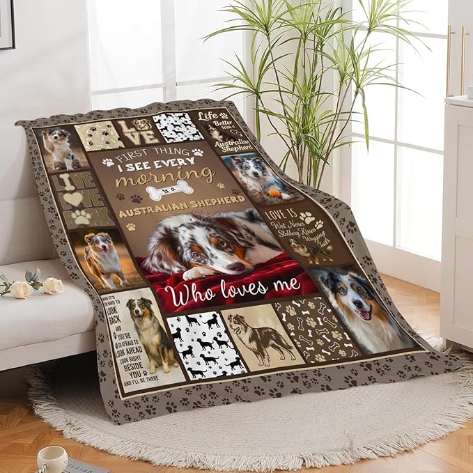Australian Shepherd Blanket for Girls Women Boys Men Adults Kids Soft Cozy Fleece Aussie Dog Pet Throw Blankets Gifts Warm Flannel Plush Lightweight Decor for Couch Bed Sofa 80"X60"