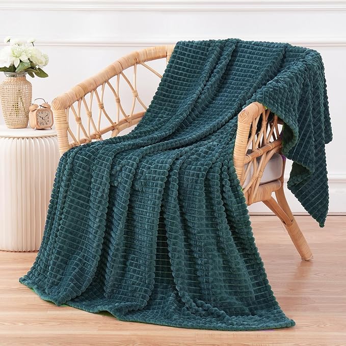 Puncuntex Flannel Fleece Throw Blanket Dusty Blue 50"×60",Super Soft Plush Cozy Blanket with Square Grid Design Luxury for Couch Sofa Chair
