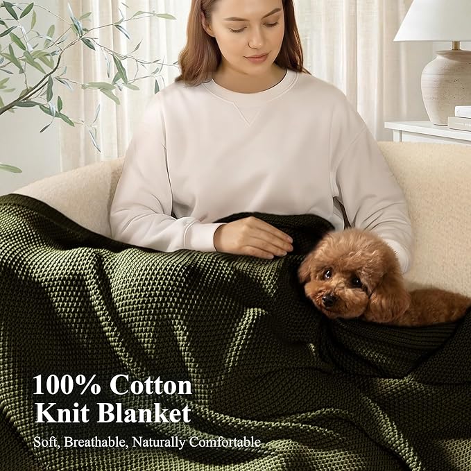 100% Cotton Cable Knit Throw Blanket, Lightweight Soft Knit Blanket for Sofa Couch Bed, Breathable All-Season Throw, Cozy Decorative Blanket, 50 x 60 Inch,Olive Green