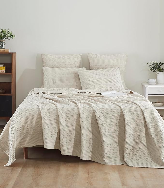 VHC Brands 100% Cotton Waffle Weave Queen Blanket 90"x90", Decorative Lightweight Spring and Summer Throw Blanket, Bedroom Decor for Bed, Couch, or Sofa, Natural