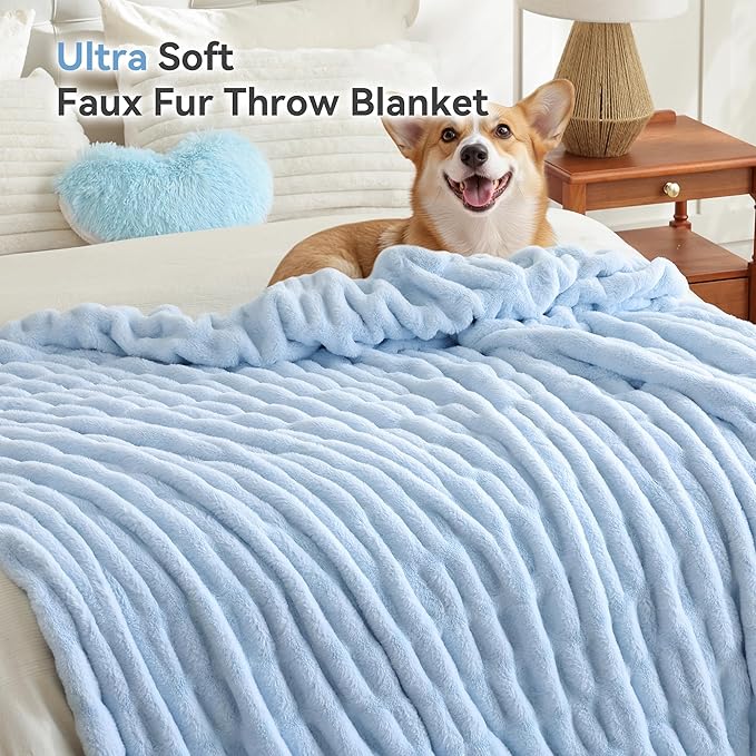 Smoofy Light Blue Throw Blanket for Couch – Ultra Soft Cozy Plush Fluffy Blanket with Faux Rabbit Fur, Fuzzy Lightweight Fleece for Sofa, Bed & Office, Gift for Women, Home Room Decor Throw 60"x 80"