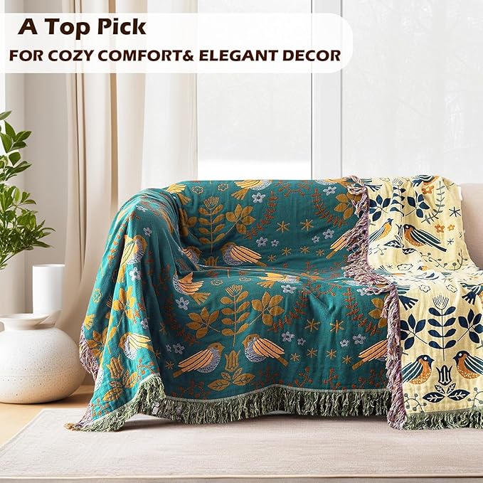 Boho Large Throw Blanket for Bed, 100% Muslin Cotton Soft Breathable Throw-Floral Bird Rustic Decor Blanket for Couch Sofa Quilt and Gift, 60" x 80"-Teal/Beige