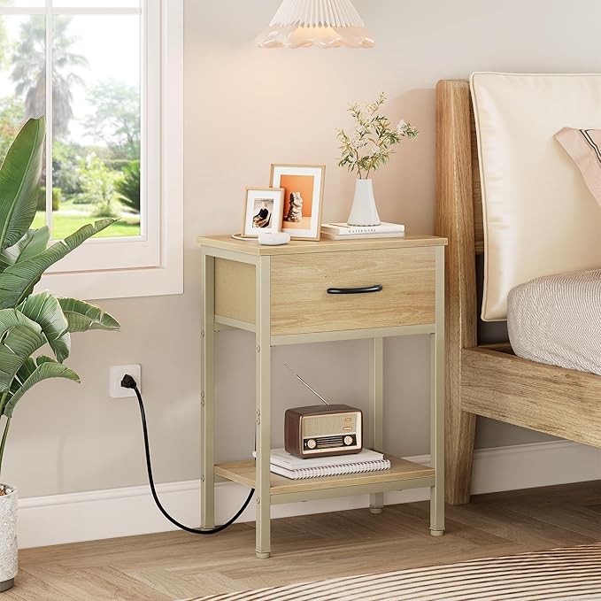Vagusicc Nightstand with Charging Station, End Table with Fabric Drawer, Small Side Table with 2-Tier Storage Shelves, 25.4" Tall Night Stand, Bedside Table for Bedroom, Living Room, Dorm, Natural