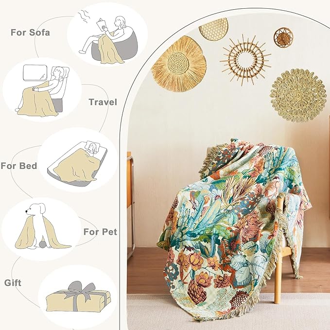 Boho Throw Blanket for Bed Cotton Spring Blankets Twin Size for Bedroom Living Room All Season Lightweight Botanical Floral Embroidery Quilt for Couch Sofa Chair 60"x80" Home Decor
