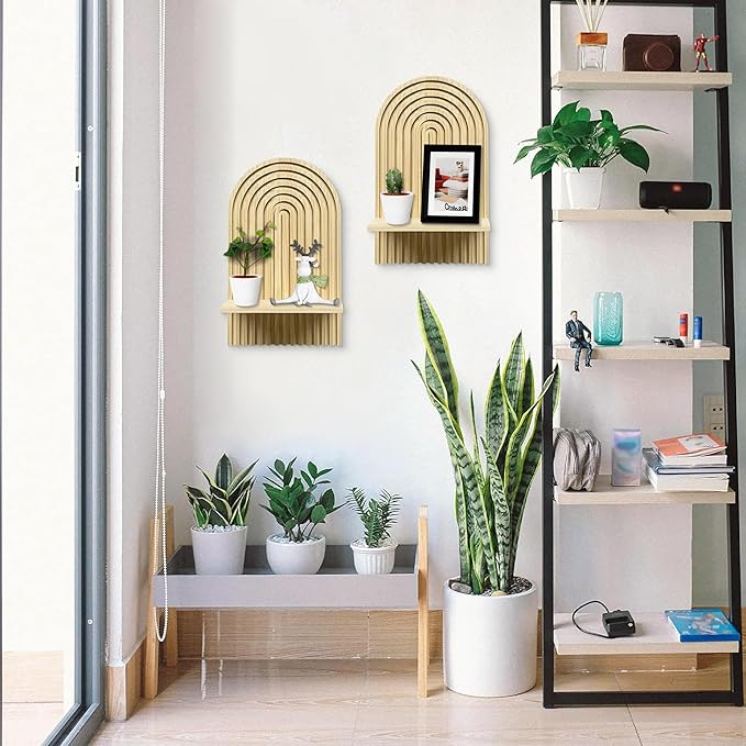 LIYAOLI Boho Wall Shelf Set of 2-15 x 8.6 Inch Arched Wooden Hanging Shelves for Living Room & Bedroom - Mid-Century Modern Bohemian Wall Decor (Natural Wood Finish)