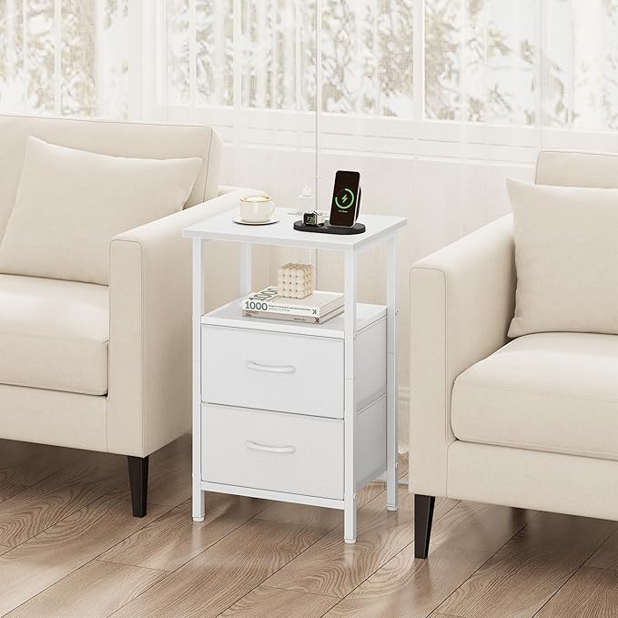 Vagusicc Nightstand Set 2 with Charging Station, End Table with Fabric Drawers, Bedside Table with Open Wood Shelf, 24.2" Tall Side Table with USB Ports & Outlets, Night Stand for Bedroom, White