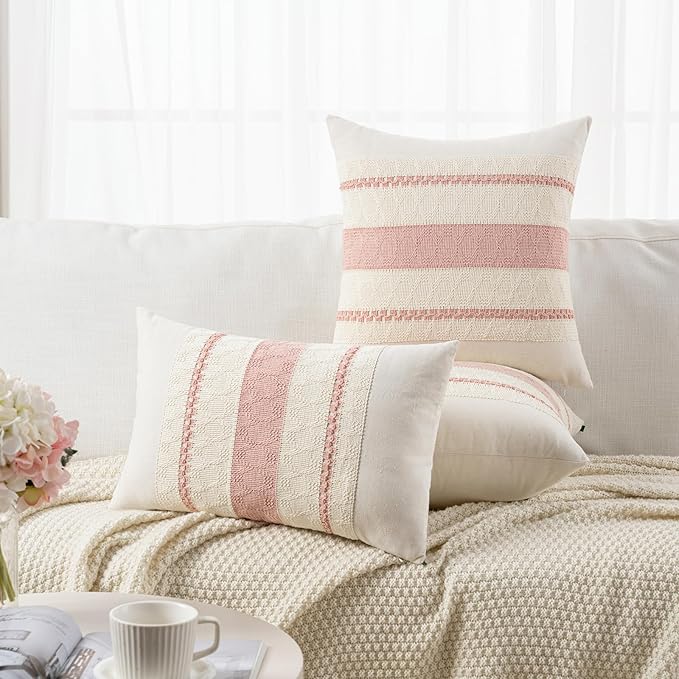 Fancy Homi Set of 2 Boho Pink Lumbar Decorative Throw Pillow Cover 12x20 Inch for Couch Bed Sofa Chair, Modern Organic Farmhouse Home Decor, Soft Cotton Cute Accent Rectangle Cushion Case