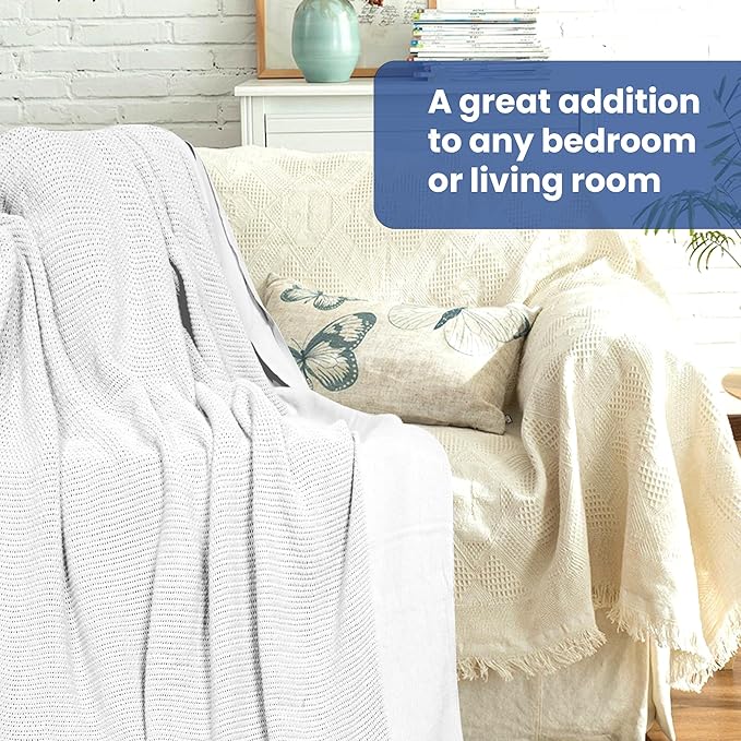 Linteum Textile Supply Leno Weave White Blanket, Queen 100% Cotton, Lightweight, Warm, Fluffy, Premium and Durable Soft & Cozy Bed Blanket for Home, Couch, Sofa & Dorm, All Season Throw [90x90]