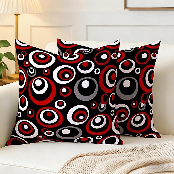 Red and Black Circular Pattern Throw Pillows Covers 18x18 Inch Set of 2, Gray Modern Abstract Pillowcases, Grey Geometric Circle Cushion Covers for Sofa Living Room Couch Bedroom, Modern Home Decor